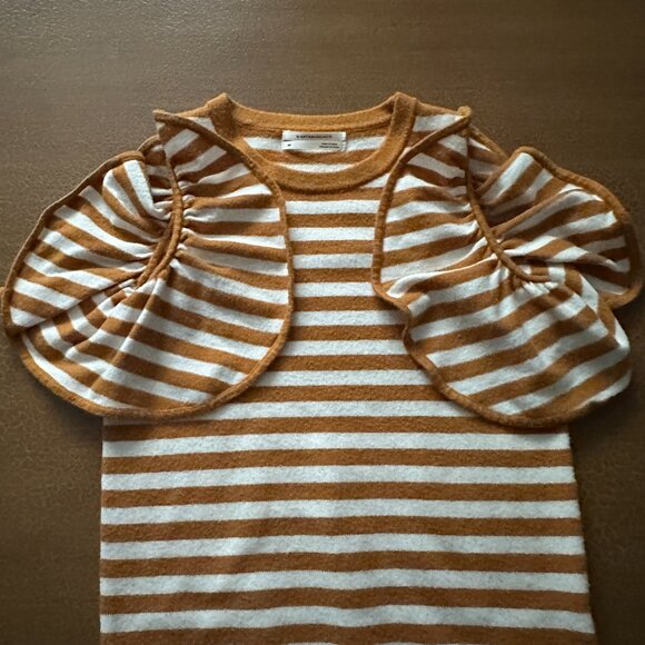 Anthropologie Short Flutter Sleeve Sweater Mustard White Stipe - Size XS - Picture 2 of 4